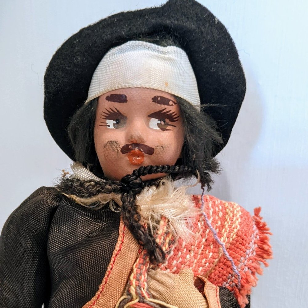 Gaucho Doll hand crafted in Argentina 1960 with 36In Lariat 9 in Vintage